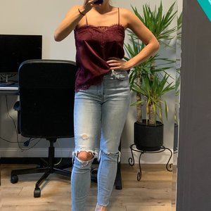 Storia maroon silky camisole with lace trim